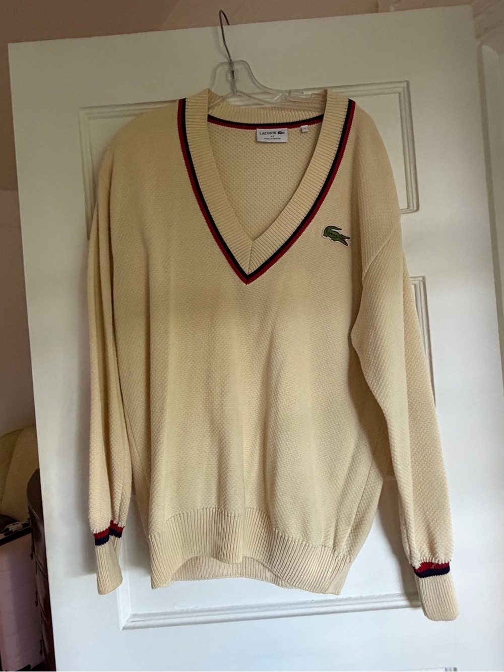 Lacoste Cream V-Neck Sweater with Red & Navy Trim
